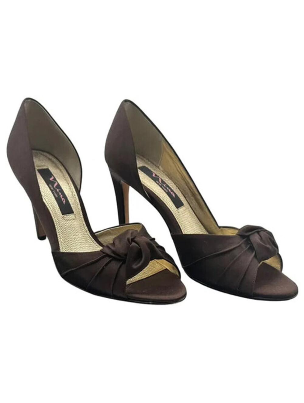 Nina Brown Satin D’Orsay Heels Size 7 Open Toe Knot Front Evening Pumps